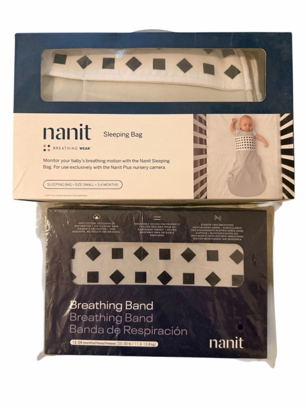 Nanit Baby Sleeping Bag & Breathing Band Set - White with Black Diamond Pattern